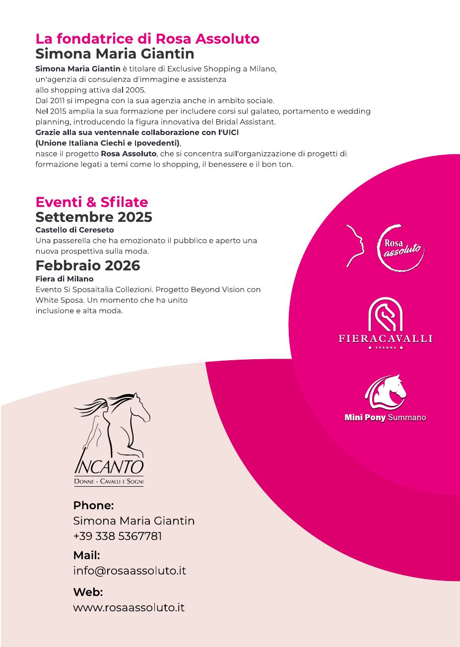 Brochure, pagina 12 – La fondatrice, eventi e contatti