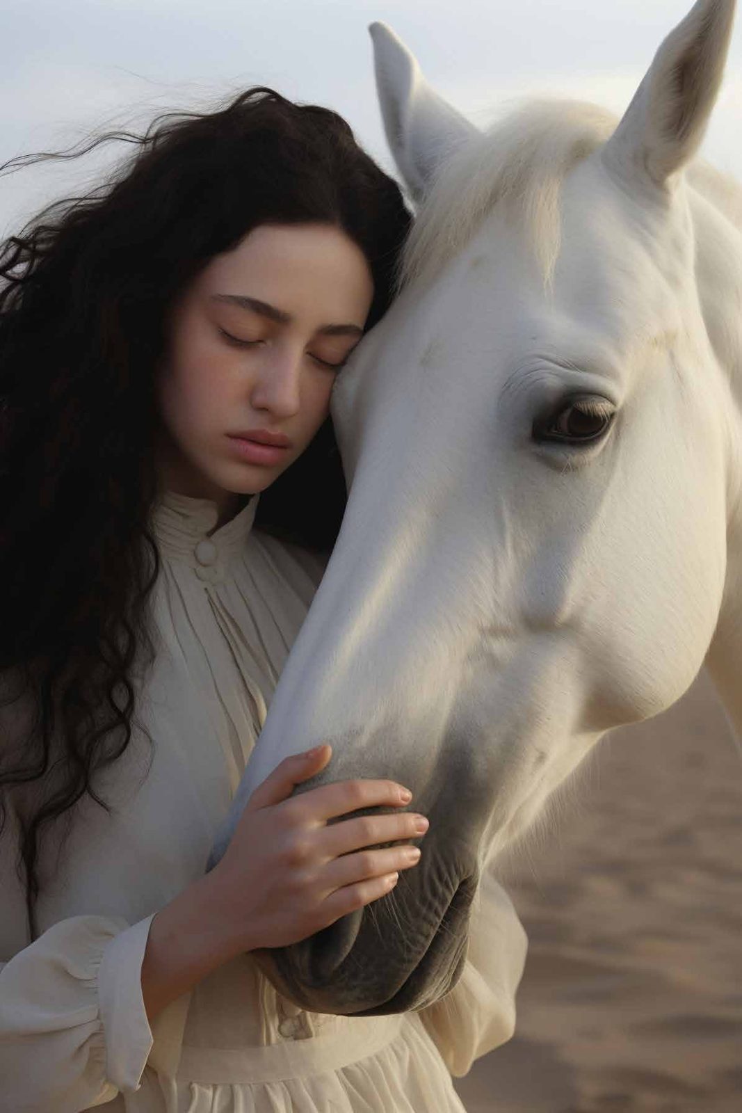 Giovane donna abbraccia il muso di un cavallo bianco