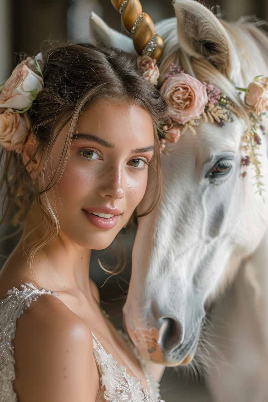 Modella con corona di rose accanto a un cavallo bianco