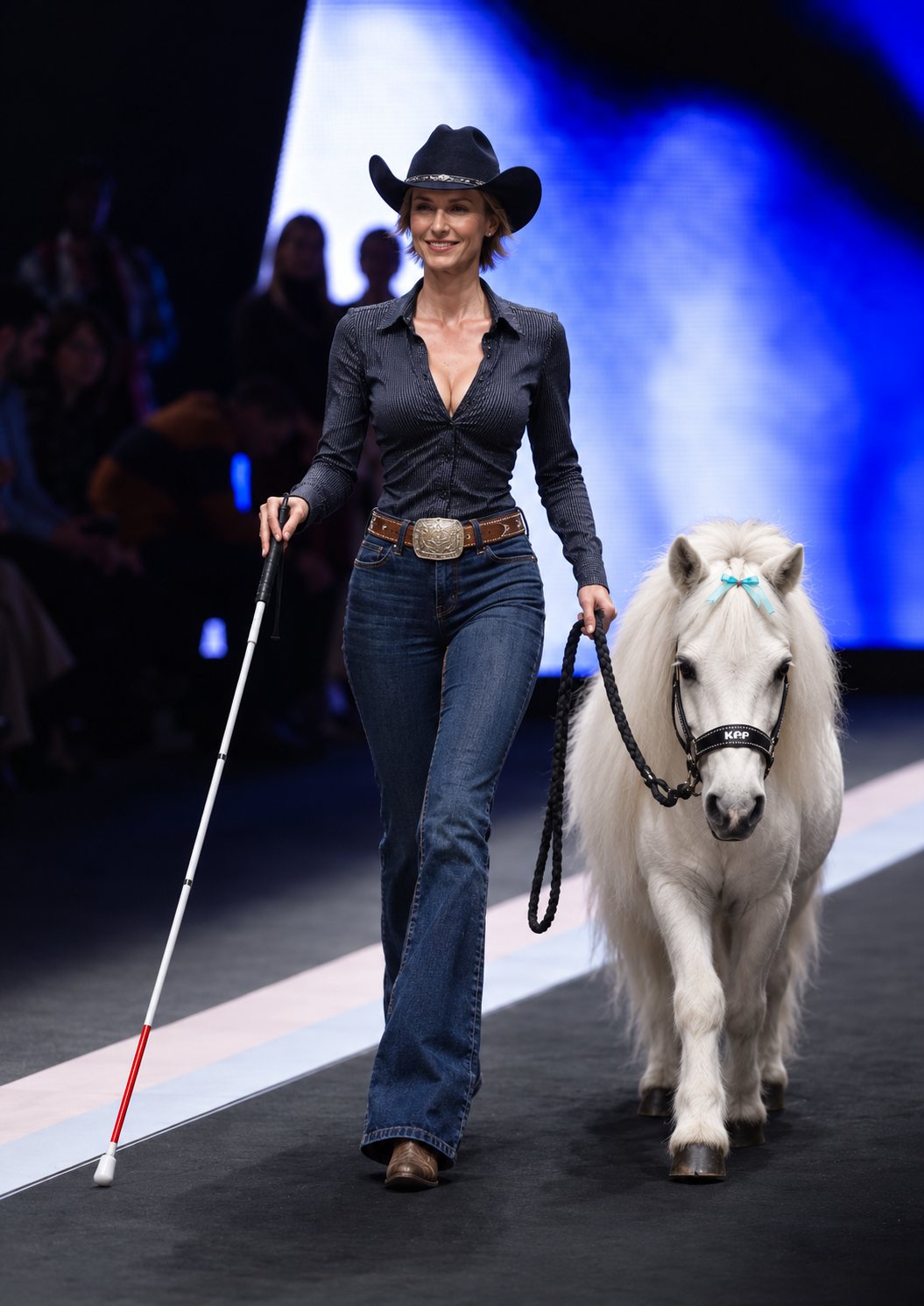 Modella in look western con cappello e bastone bianco sfila accanto a un mini pony bianco